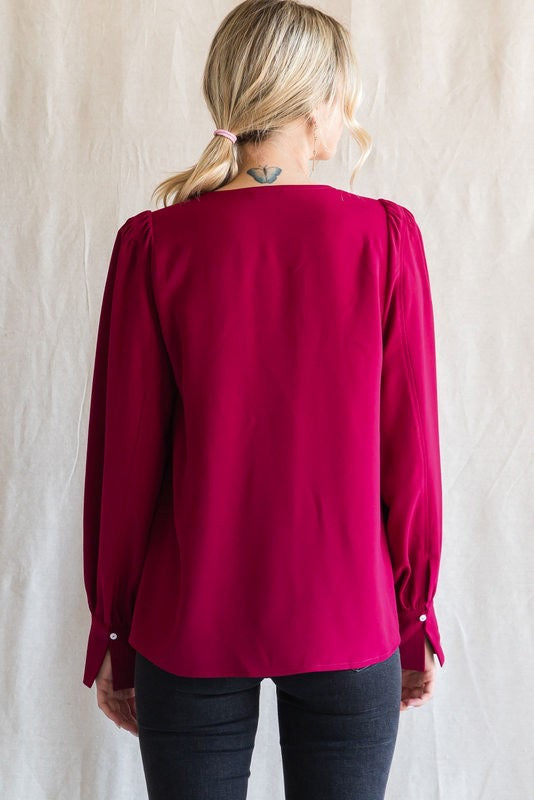 Solid V-Neck Peasant Sleeve Blouse