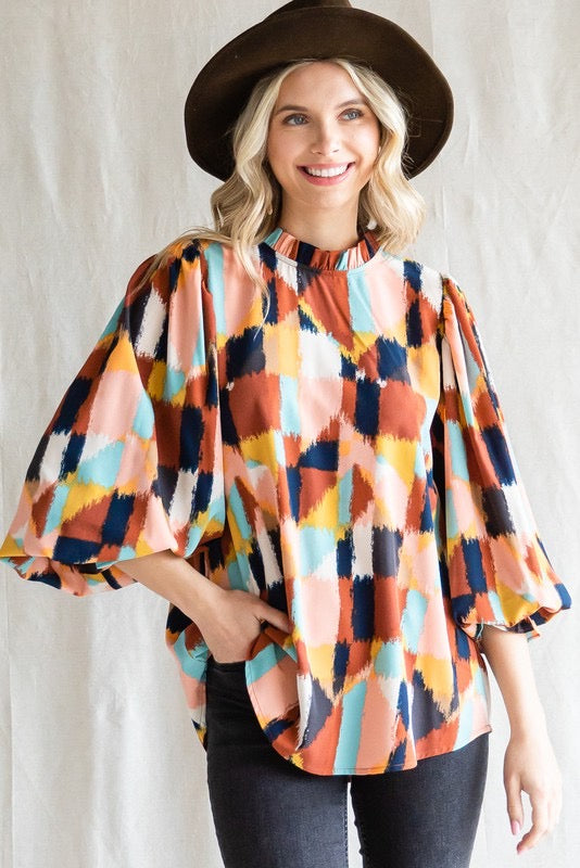 Abstract Print Bubble Sleeve Blouse