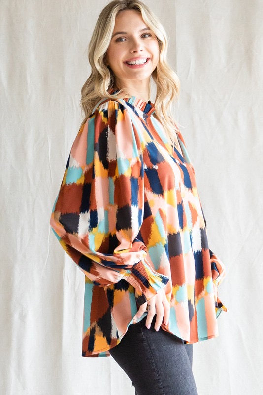 Abstract Print Bubble Sleeve Blouse