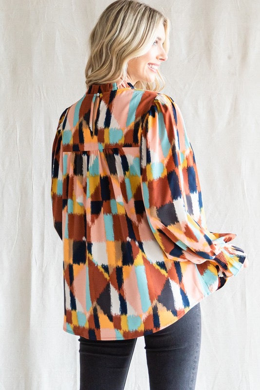 Abstract Print Bubble Sleeve Blouse