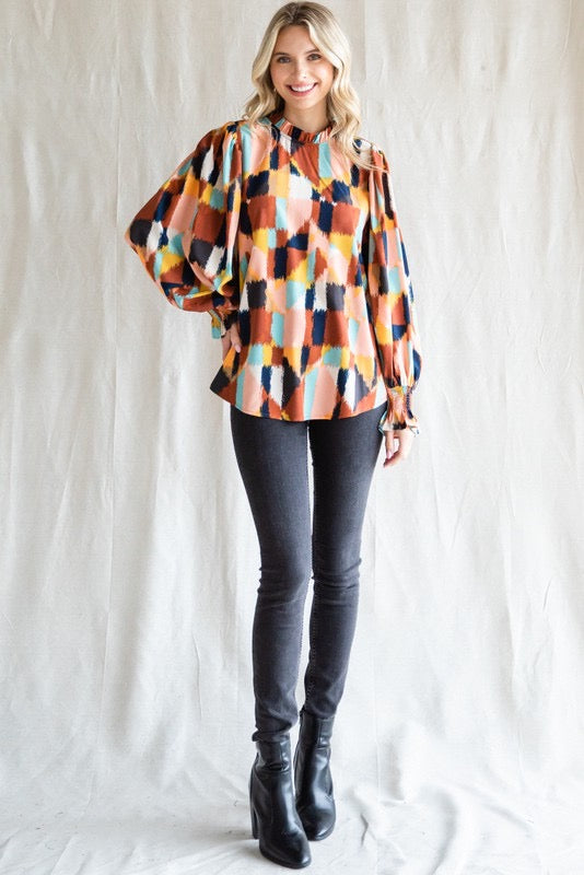 Abstract Print Bubble Sleeve Blouse