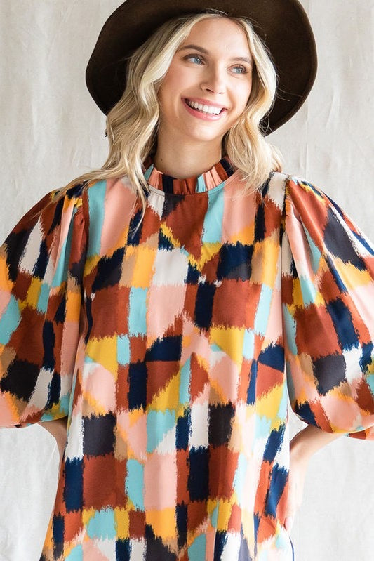 Abstract Print Bubble Sleeve Blouse