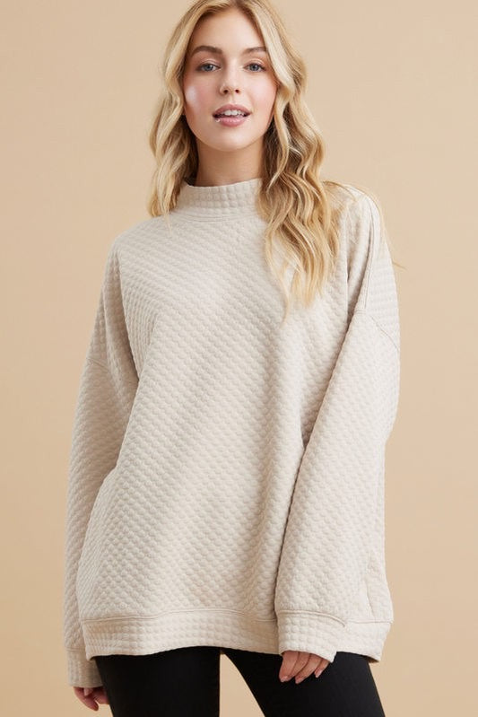 Cream Quilted Mock Neck Long Sleeve Pullover