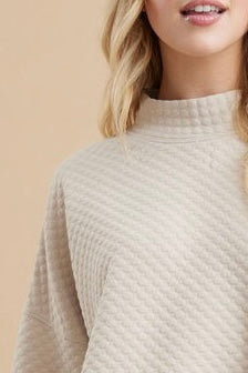 Cream Quilted Mock Neck Long Sleeve Pullover