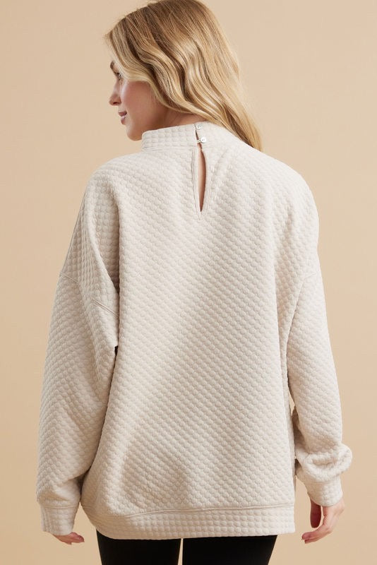 Cream Quilted Mock Neck Long Sleeve Pullover