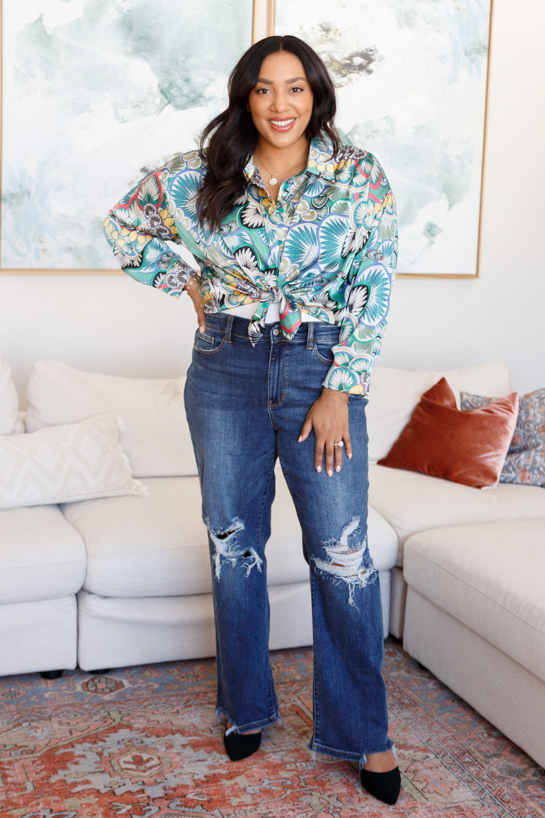 Flower Geometric Print Collared Top