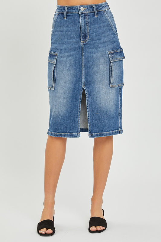 High Rise Cargo Denim Skirt