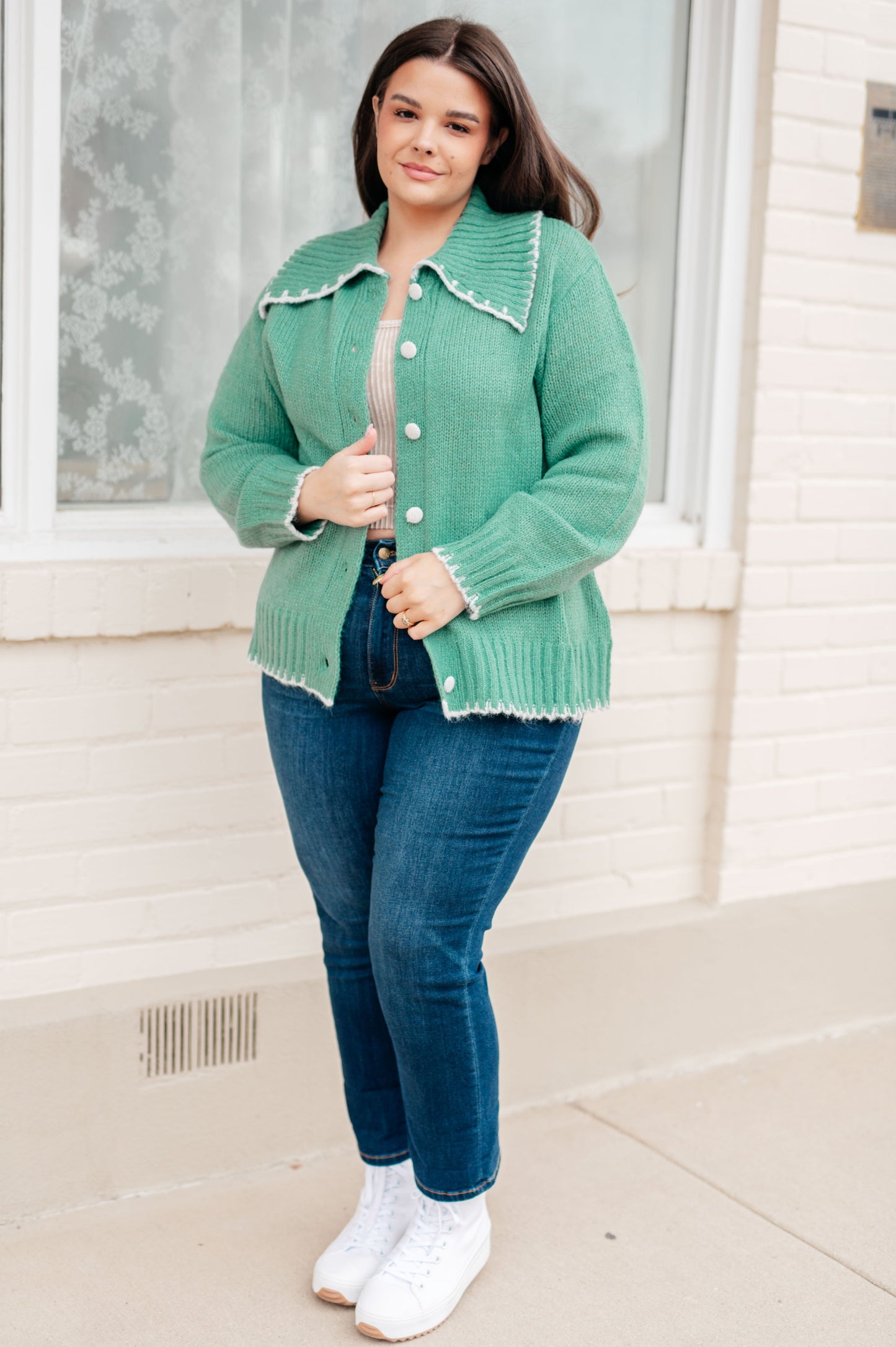 Solid Sailor Neckline Cardigan with Buttons