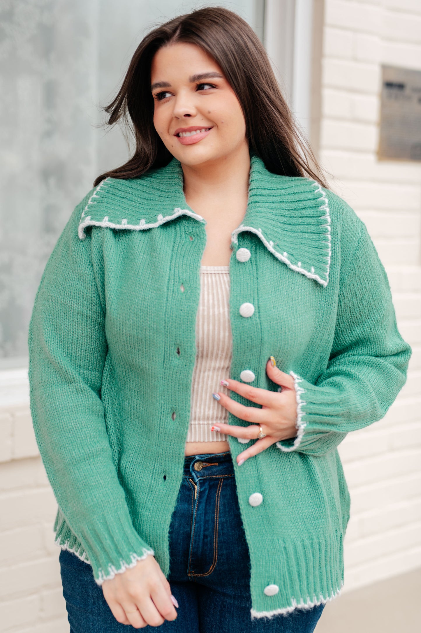 Solid Sailor Neckline Cardigan with Buttons