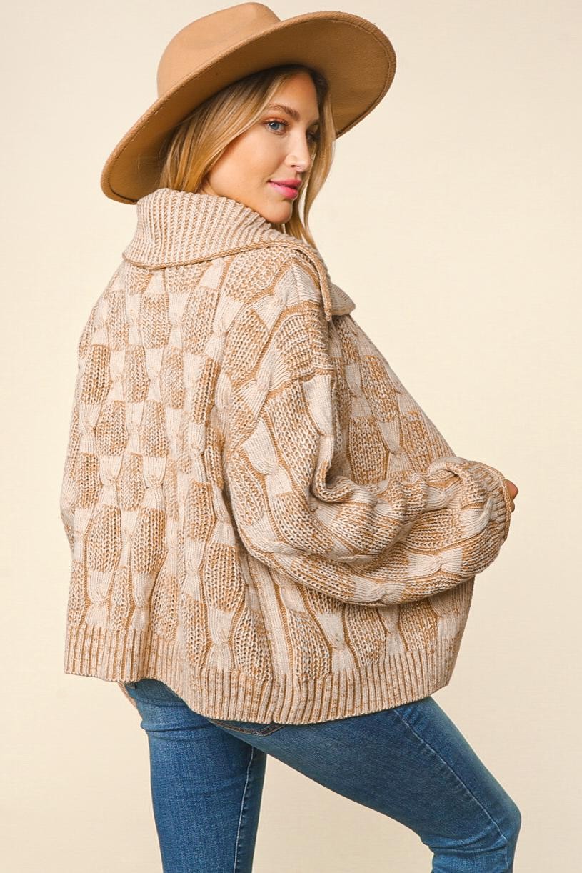 Two Tone Cable Knit Open Front Cardigan